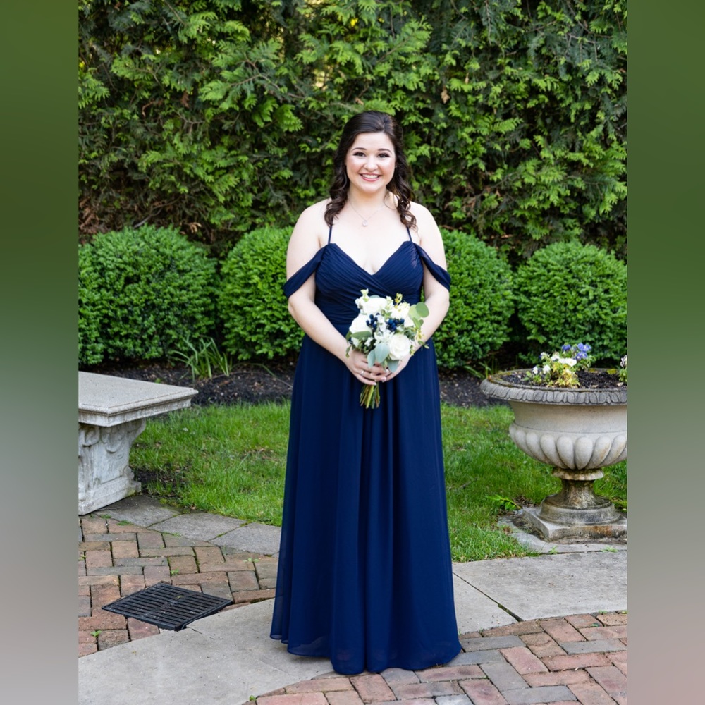 Mori Lee off shoulder navy dress